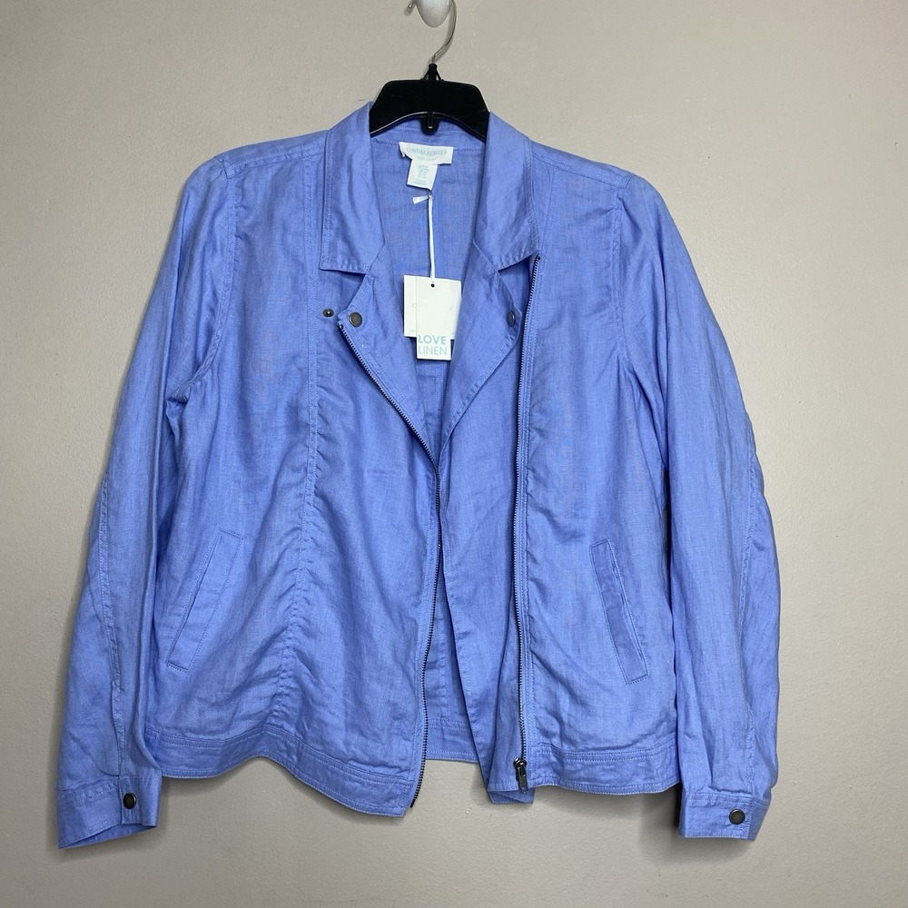Cynthia Rowley 100% Linen Blue Jacket Women Sz M‎ Asymmetrical Zip Lightweight